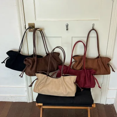 Korean Women's Drawstring Suede Bag Luxury Designer Tote Bag for Everyday Style Large Capacity Fashion Ladies Shoulder Handbag