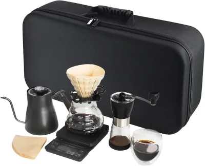 Travel Bag Hand Grinder Coffee Set with Coffee Pot Gift Box Glass Filter Cup Kitchen Scale Bean Grinder