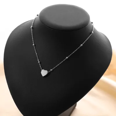 Fashion Stainless Steel Beaded Chain Love Heart Pendant Necklace Waterproof Non-fading Silver Color Love Heart Necklace