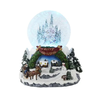 Wholesale Christmas Decorative Custom Made Resin Musical Glass Snowing Water Snow Globes with LED Light