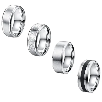 4 Pcs Stainless Steel Men's Vintage Wedding Band Engagement Promise Fidget Rings Polished Band No Plating Size 19