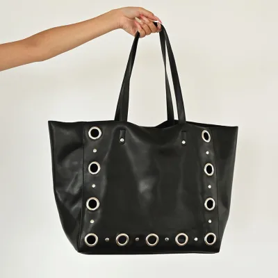 Silver Eyelets Oversized Work Handbag for Women Retro Daily Commuter Grommet Shoulder Bag Casual Large Capacity Rivets Totes