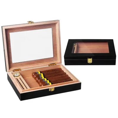 Portable Cedar Wood Cigar Humidor with Humidifier Glass Top Wooden Display Case for Travel Cabinet Pattern
