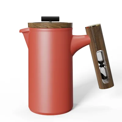 DHPO Eco-Friendly Ceramic French Press Handheld Coffee Pot Wooden Hour Glass Handle 304 Stainless Steel Plunger New Unique
