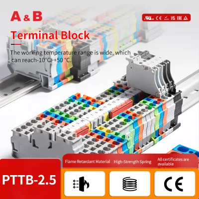 A&B PT2.5 Push-in Spring Copper DIN Rail Terminal Block 2.5mm2 800V 2-Pole Feed Through Wire Connector 24-14AWG