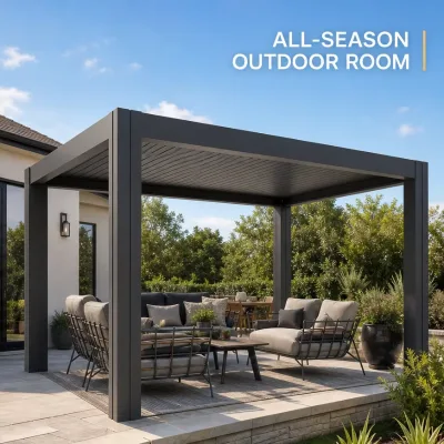 Aluminum Pergola CE Compliant Louvered Roof System Safe for Public Community Leisure Space