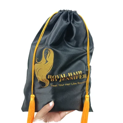 Black Shiny Satin Recyclable Eco-Friendly Drawstring Pouch OEM Custom Gold Logo Print Shopping Bag Jewelry Wig Cosmetic Gift