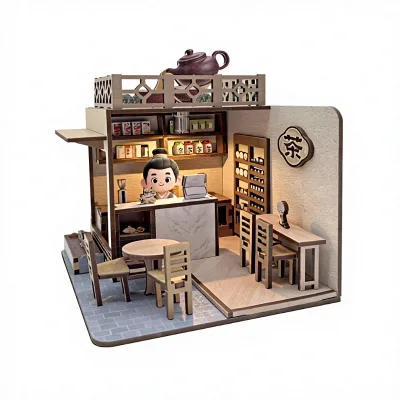 DEFA DIY Wooden Mini Teahouse Kit | 3D Puzzle Chinese Style Healing Tea House Model | Eco-friendly Movable Educational Toy for