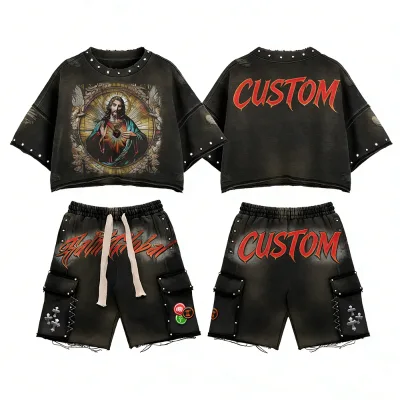 US Free Tax ODM Boxy Fit t Shirt Distressed Vintage Cotton Rhinestone Tshirt and Shorts Tracksuit Washed T-Shirt Set for Men
