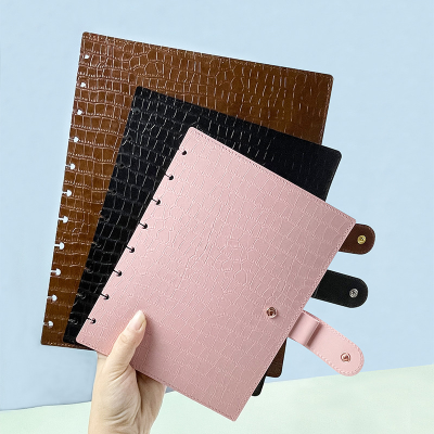 Notepad Crocodile Pattern Pu Leather Mushroom Hole Loose Leaf Binding Snap Buckle With Pen Loop Slip Pocket Notebook Cover