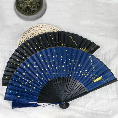 Vintage All Foldable Hand Fan Solid Black Navy Color Oriental Classical Pocket Fan Wedding Favors Polyester Material