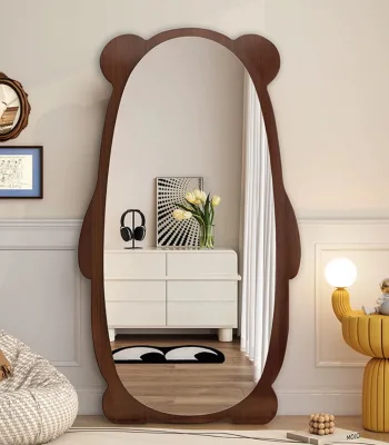 Handmade Modern Cute Bear Full-Length Mirror for Bedroom or Living Room Wood Metal Aluminium Framed for Apartment Makeup