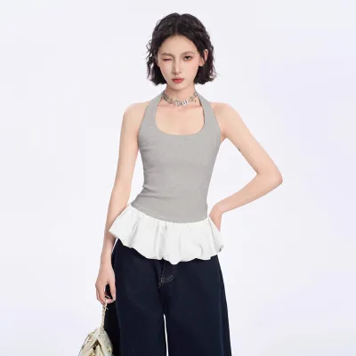 Custom Logo Woman Summer Solid Color Crop Tops Fashion Ladies Clothes Sleeveless Top With Lace