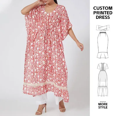 Aschulman Oem Summer Short Sleeve Beachwear Dresses Digital Print Boho Trendy 2 Piece Kaftan Pants Set
