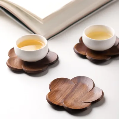 Black Walnut Coaster Solid Wood Creative Petal Cushion Tea Cup Wooden Coaster With Logo