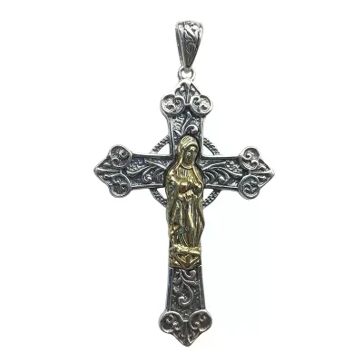 BOCAI New Vintage Style S925 Silver Pendant for Men Double Sided Cross Maria Fashionable Zircon Charms Christmas Gift