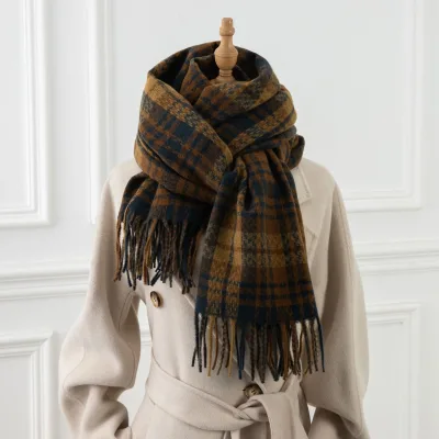 Women's High-Grade Winter Fashion Long Style Pashmina Printed Polyester Tassel Scarf Thick Plaid Wool Shawl Traditional Shawls