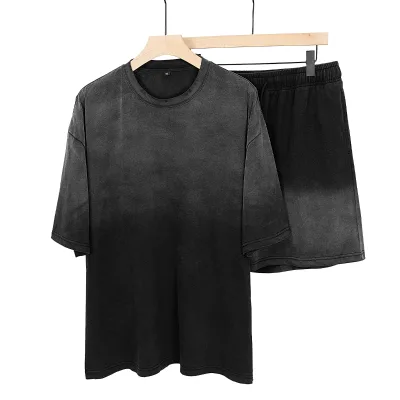 2 Piece Sunfade Tshirt and Shorts Clothes Set Custom Two Piece Faded t Shirt and Shorts Acid Wash Sets for Men