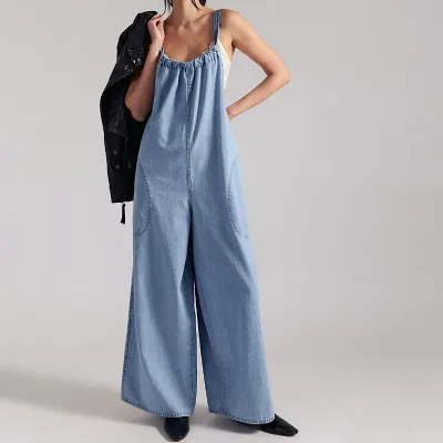 Women Washed Denim Sling Jumpsuit Loose Wide Leg Overall with Pockets for Bohemian Beach Vacation & Daily Casual Streetwear
