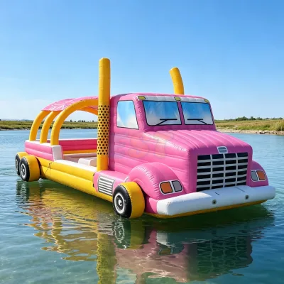 Pink Truck Shaped Inflatable PVC Floating Water Leisure Boat Commercial Float Lounge Platform for Adults Summer Play Game