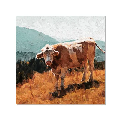 DX Designs Handpainted Cow and Bull Oil Painting on Mountain Classical Style Canvas Wall Art for Home Decor
