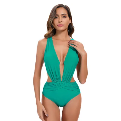 Aide Custom Private Label Backless Bathing Suits New Solid Color V Neck One Piece Swimsuit for Women