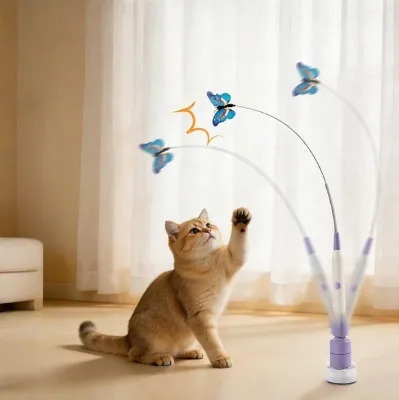 USB Rechargeable Electric Cat Teaser Wand 2 in 1 Handheld & Strong Suction Cup Long Flexible Rod Automatic Kitten Toy