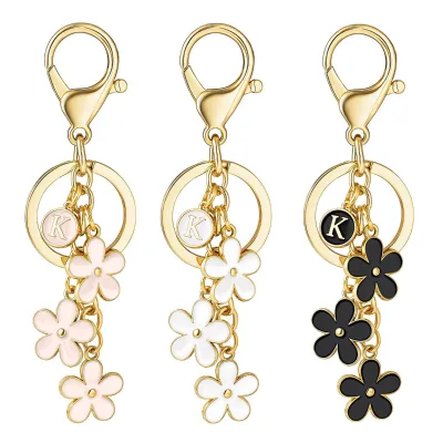White Pink Initial Flower Key Chain 26 Alphabet Flower Tassel Keychain for Women Girls