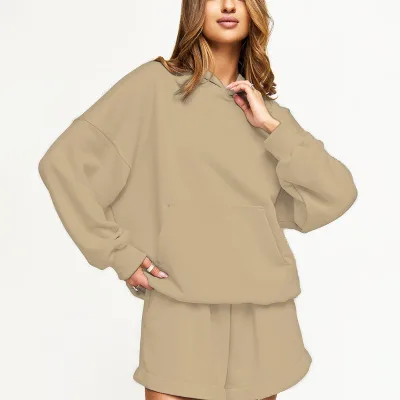 Aoyema Wholesale Ready Made Stock Bulk Custom Women Fitness Workout Sports Gym Fleece Blank Oversized Hoodies Graphic Short Set
