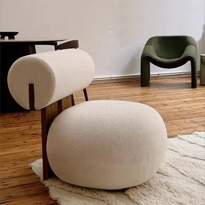 Teddy Velvet Boucle Accent Chair with Bolster Back Cream White Solid Wood Frame Sculptural for Living Room Reading Corner Chaise