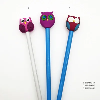 High Quality Wholesale Cartoon Stationery Owl Pvc Pencil Toppers Custom Logo PVC Pencil Caps Forchildren Gifts