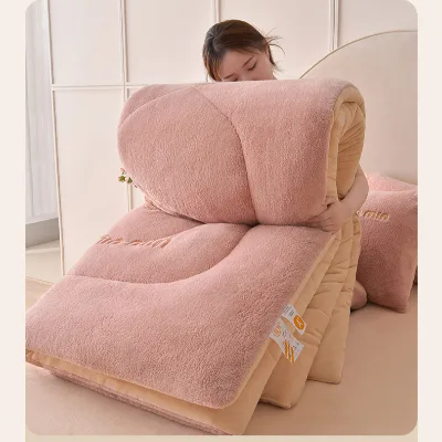 Milk Fleece Winter Quilt 4-piece Thickened Warm Lamb Fleece Spring and Autumn Quilt Core Bedding Set