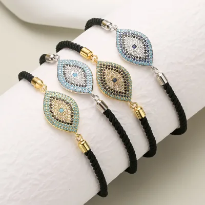 Hot Sale18K Gold Plated Blue Evil Eyes Braided Rope Micro Paved Cubic Zircon Devil Eyes Charm