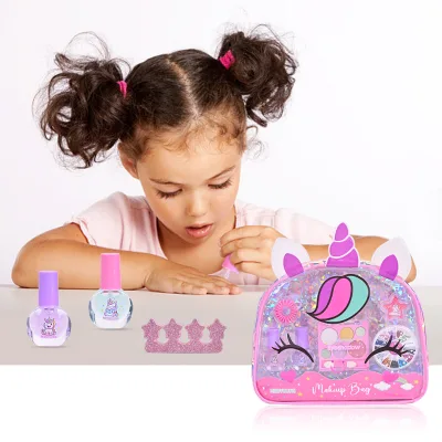 Customizable Unicorn Makeup Kit for Kids 5 in 1 Set with Nail Polish Eyeshadow Lip Gloss Stickers Hair Ties Mix Match Design