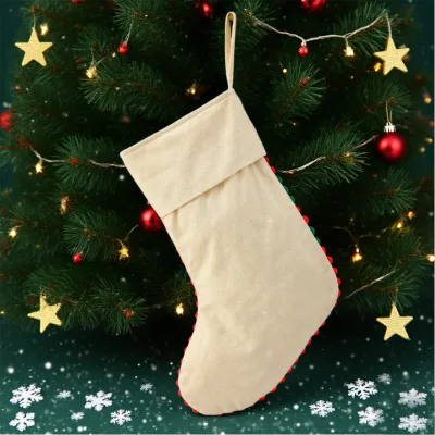 New Product Custom Canvas Christmas Blank Santa Rain Ruffle Christmas Stockings with White Lining