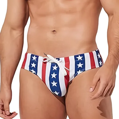 Wildness Men's Triangular Tie-Side Star and Stripe Print Beach Shorts