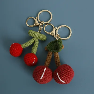 Handmade Soft Eco-Friendly Crochet Keychain Cherry Fruit Design Portable Light Key Ring Pendant Handmade Knitted Keychain