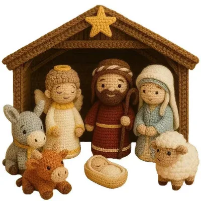 Handmade Crochet Nativity Scene Set Jesus Manger Dolls Christmas Tabletop Ornament Christian Religious Home Decor