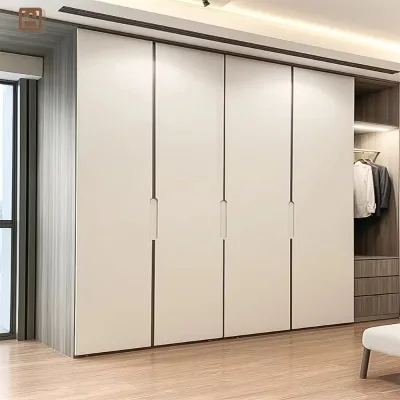 Minimalist Light Beige Wardrobe With Black Frame Design Complemented by Long Mirror Creating a Spacious and Bright Bedroom