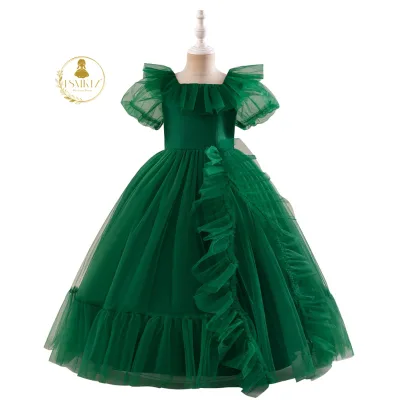 FSMKTZ  Wholesale Girls Dress Puff Sleeve Green Mesh Princess Dress Applique Floor-length Dress LP-523