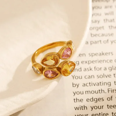 High Quality Chic Jewelry Delicate Colorful Zircon Stainless Steel Gold Plated Ring Adjustable Water-drop Zircon Open Ring