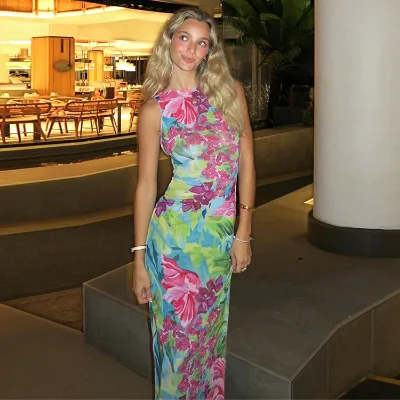 New Fashion Sleeveless Dress Color Matching Floral Print Crew Neck Dresses Beach Back Slit Long Dress