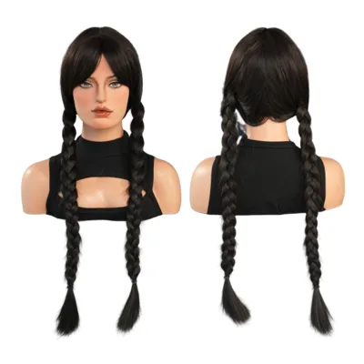 European and American Cosplay High-Temperature Silk Hair Set Black Long Braided Chemical Fiber Wig with Fringe Machine Made