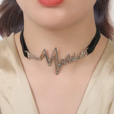 KR-113 Women Adjustable Neck Jewelry Simple Short Necklace Velvet Alloy Lightning Love Electrocardiogram Choker