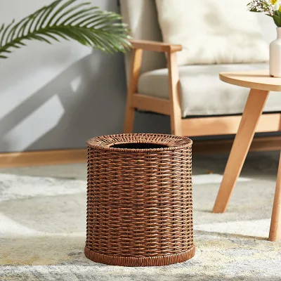 Modern Eco-friendly Round Double-Layer Rattan Wastebasket for Living Room Bathroom Bedroom