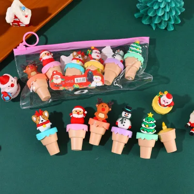 Christmas Cone Mini Highlighter 6-Pack Flat Brush Tip 10mm Non-Erasable Plastic Shell Paper Cartoon Creative Marker Pen