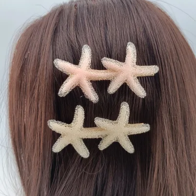 2Pcs/Pack 7cm Double Starfish Duckbill Hair Clips Beige Pink Crystal Star Barrettes Decorative Hair Pins Daily Beach Vacation