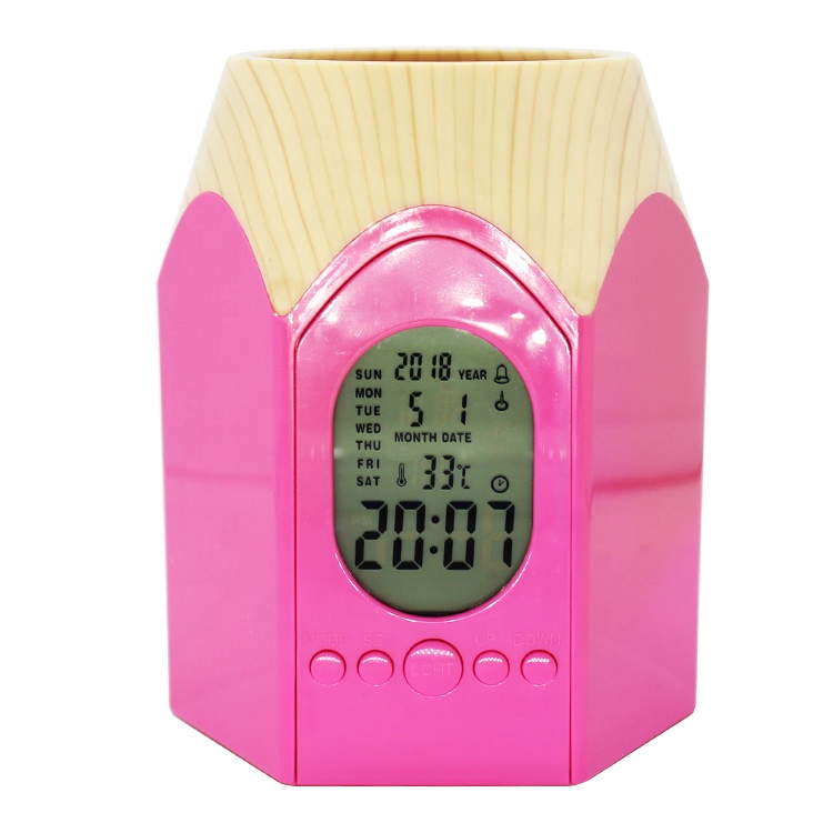 Desktop Plastic Pen Holder Alarm Clock With Calendar Multifunction for Office Wood Pencil Vase Brush Barrel Desk Table Clock