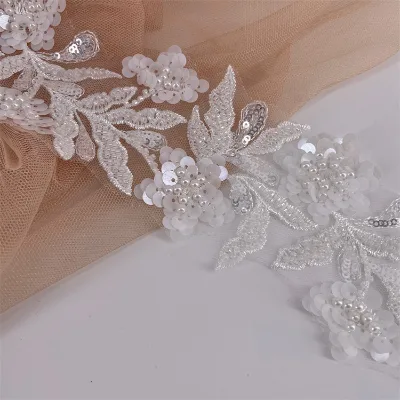 2024 Organza Lace Trim Pearl Beaded Lace Trim With Sequins for Bridal Dress