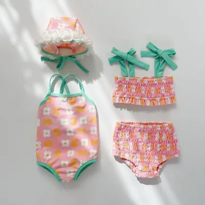 2023 New Hot Selling Korean INS Style Flower Printing One-piece Swimsuit and Bikini Three-piece Swimsuitfor Baby Girls with Hats